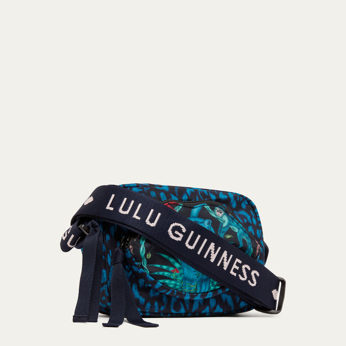 Blue patterned handbag  by Lulu Guinness x Emma Shipley with 'Lulu Guinness' branding on a white background