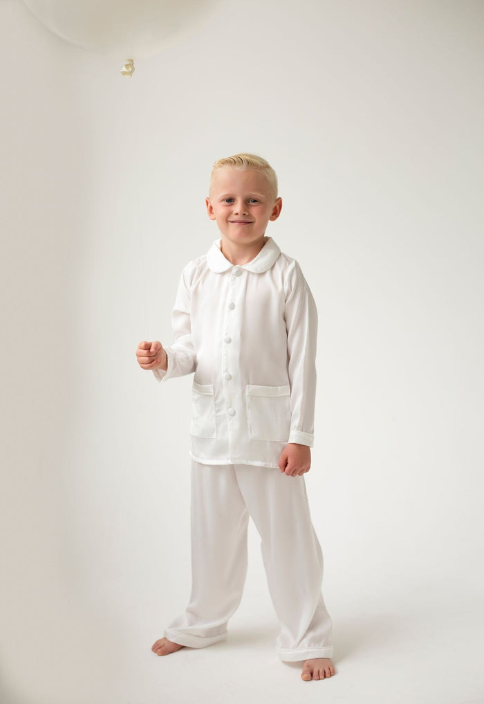 Boys All White Personalised Pearl Pyjamas - Long sleeve and Leg