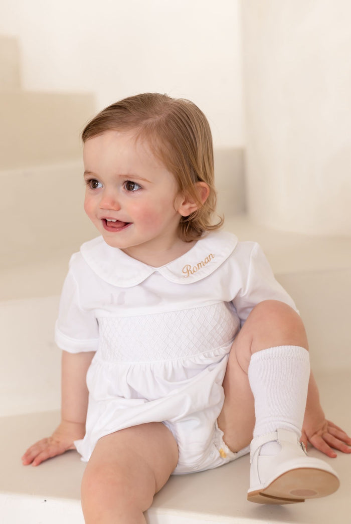 Boys All White Personalised Short Sleeve Smocked Romper