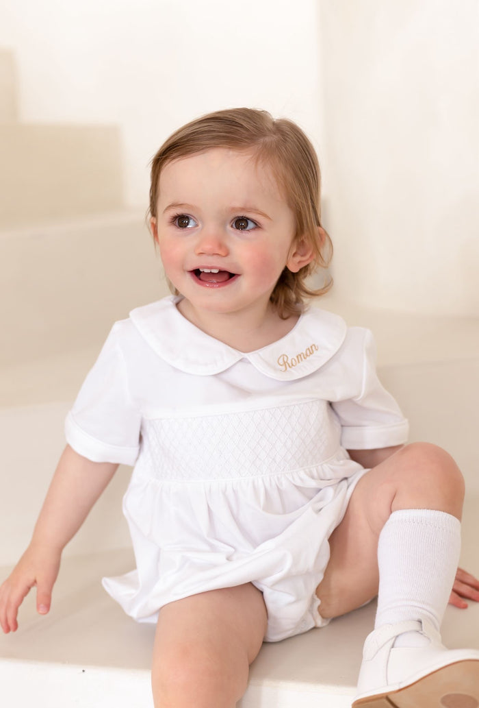 Boys All White Personalised Short Sleeve Smocked Romper