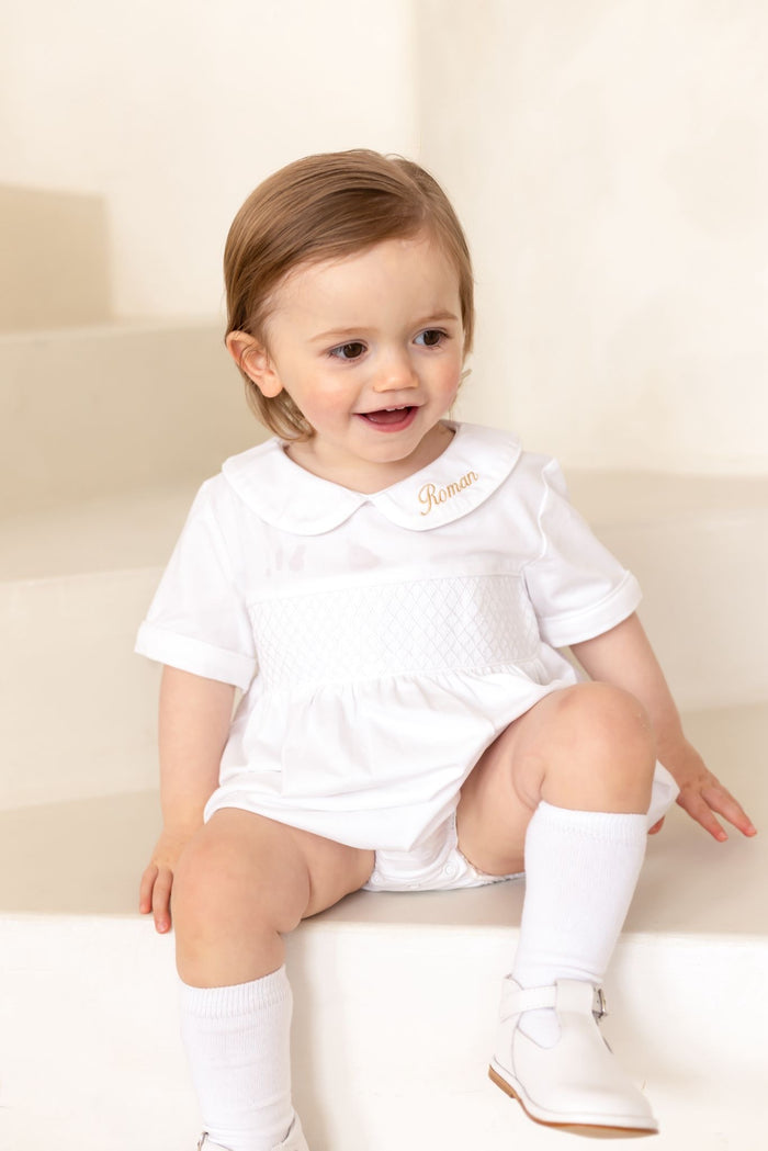 Boys All White Personalised Short Sleeve Smocked Romper