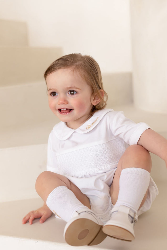 Boys All White Personalised Short Sleeve Smocked Romper