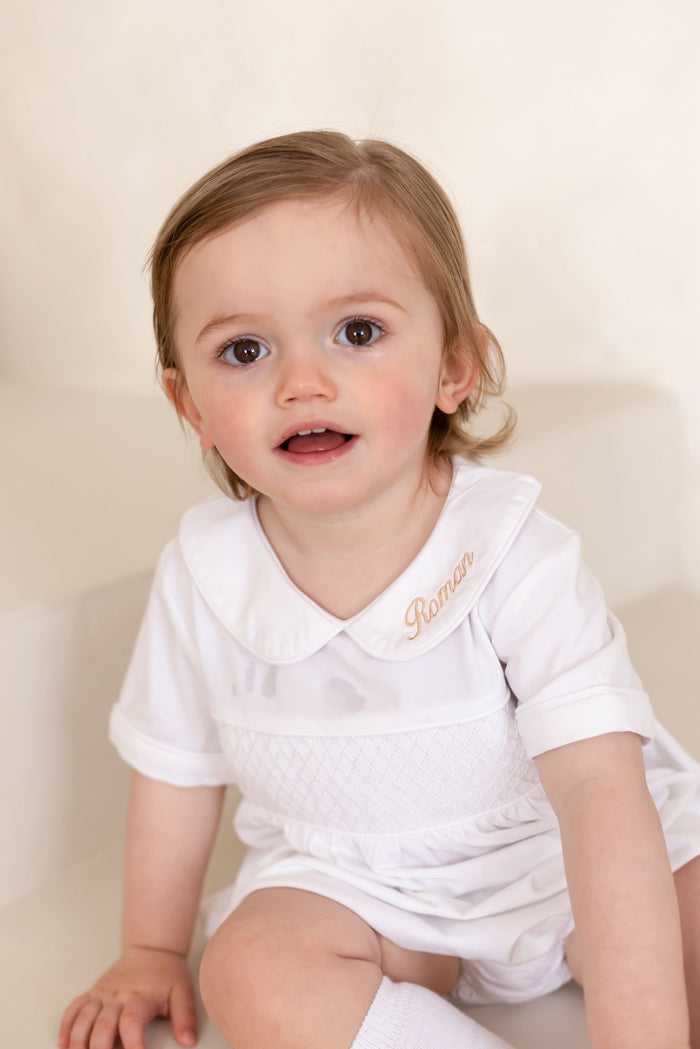 Boys All White Personalised Short Sleeve Smocked Romper