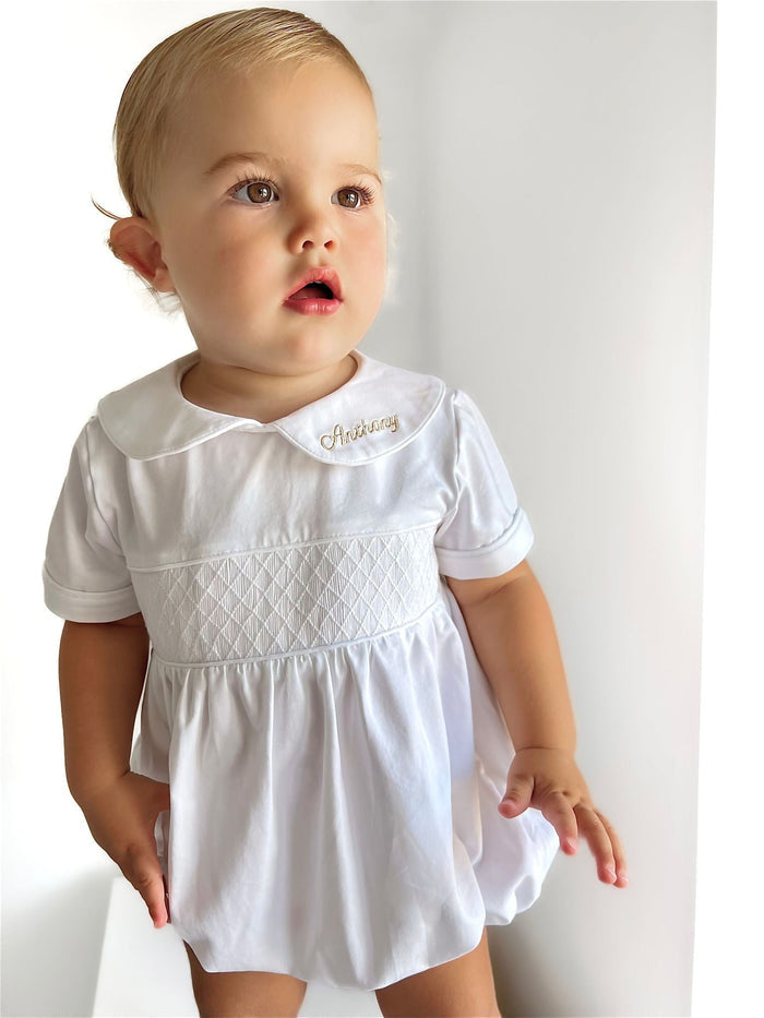 Boys All White Personalised Short Sleeve Smocked Romper