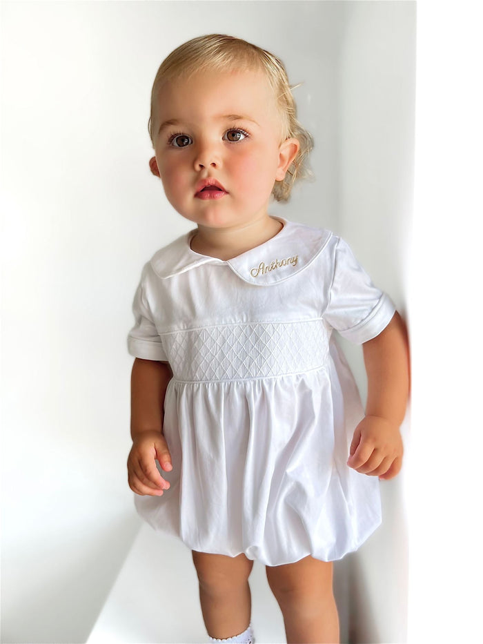 Boys All White Personalised Short Sleeve Smocked Romper