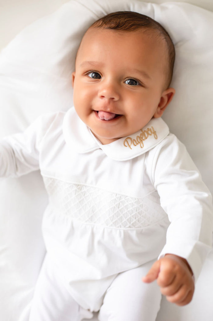 Boys All White Personalised Smocked baby grow