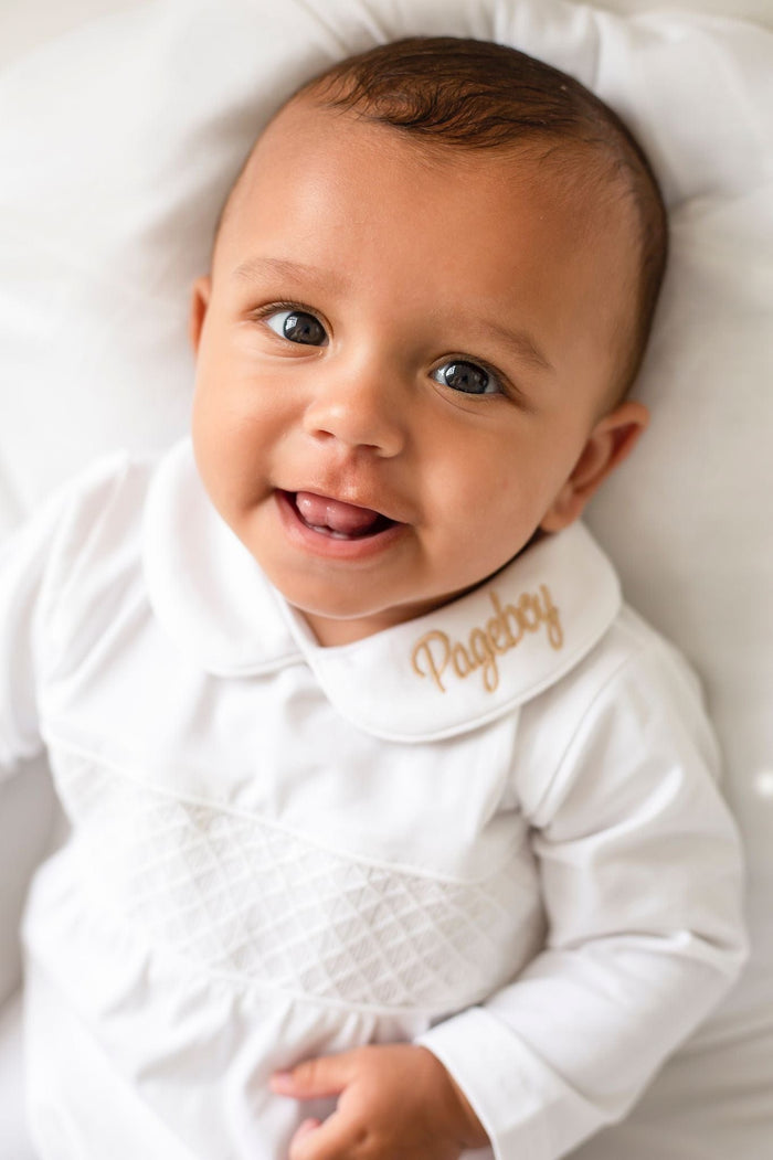 Boys All White Personalised Smocked baby grow