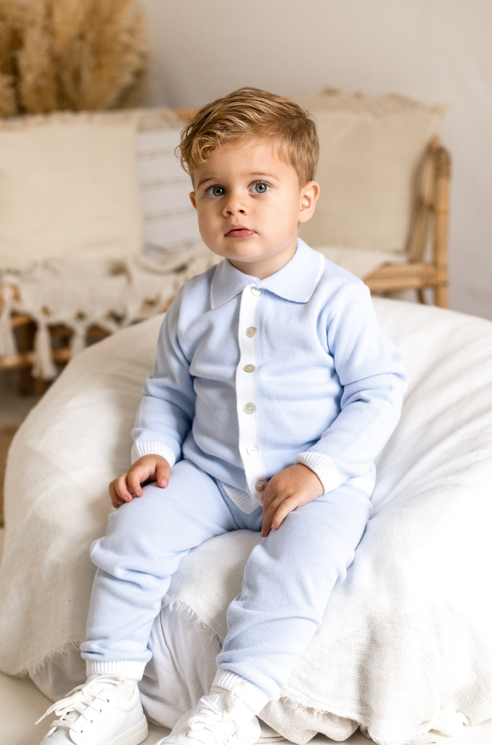 Boys Baby Blue Knitted Tracksuit Trimmed With White