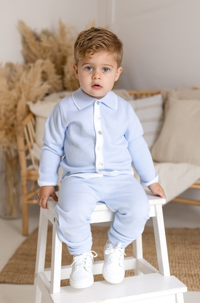 Boys Baby Blue Knitted Tracksuit Trimmed With White
