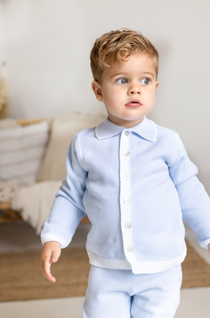 Boys Baby Blue Knitted Tracksuit Trimmed With White
