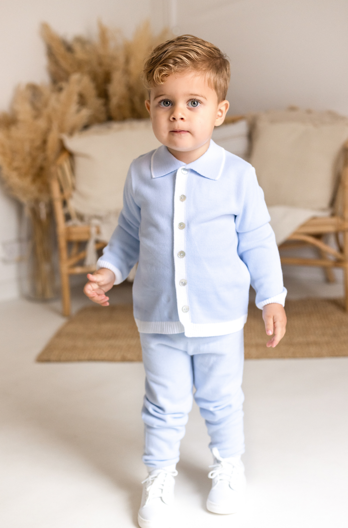 Boys Baby Blue Knitted Tracksuit Trimmed With White