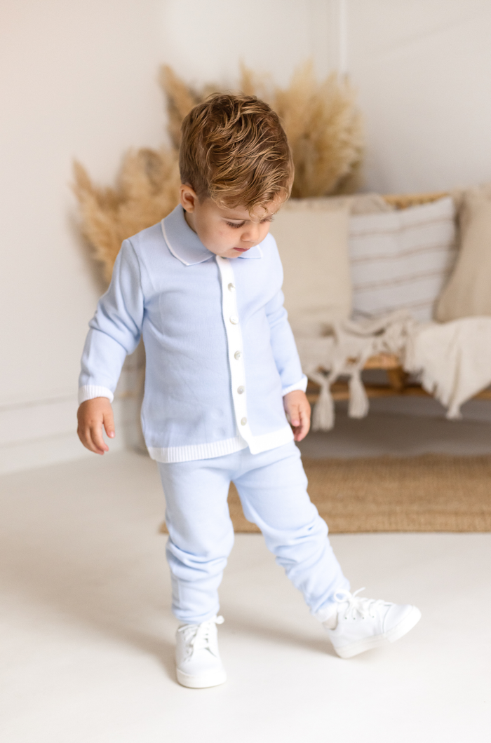 Boys Baby Blue Knitted Tracksuit Trimmed With White