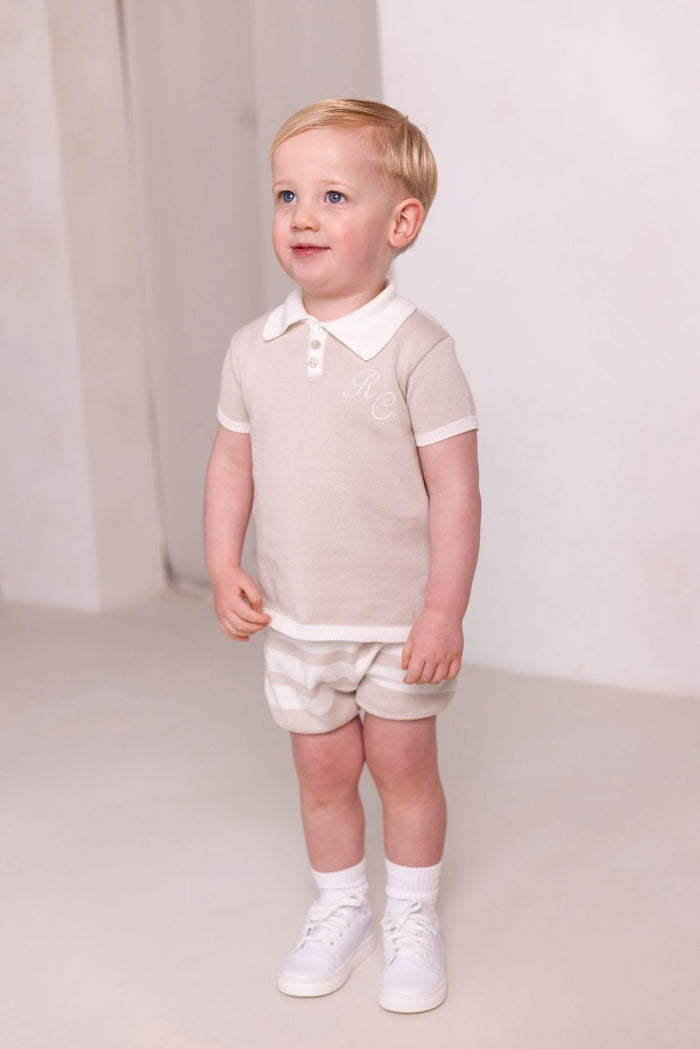 Boys Beige Knit Top and Stripe Short Set