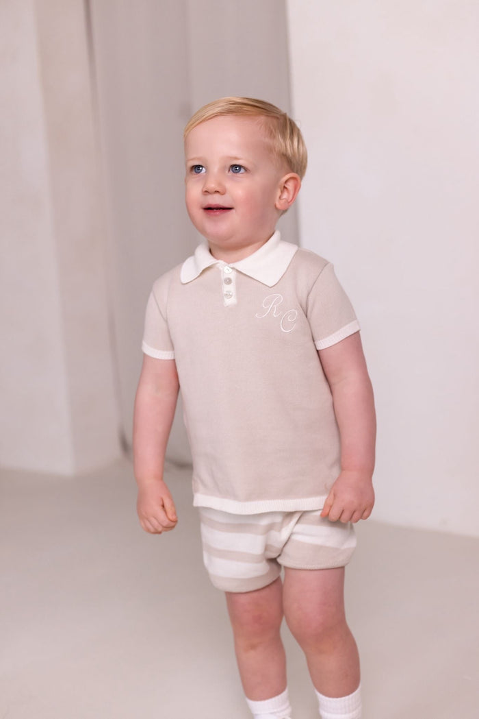 Boys Beige Knit Top and Stripe Short Set