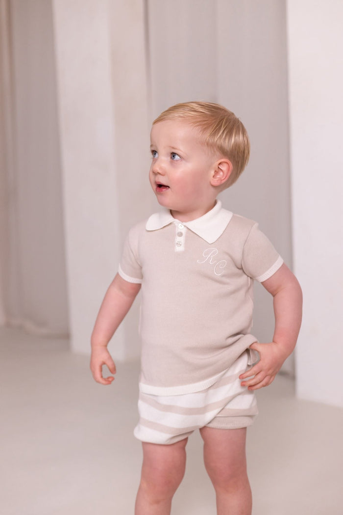 Boys Beige Knit Top and Stripe Short Set