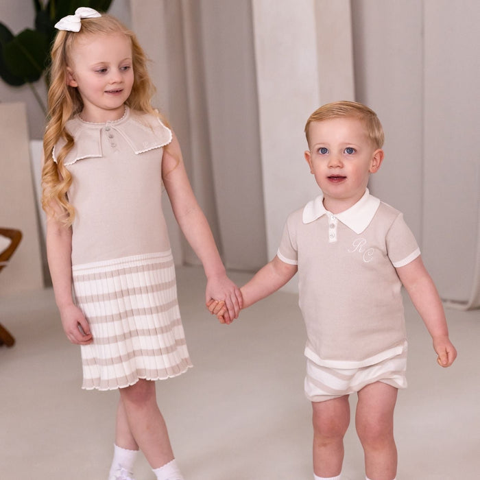 Boys Beige Knit Top and Stripe Short Set