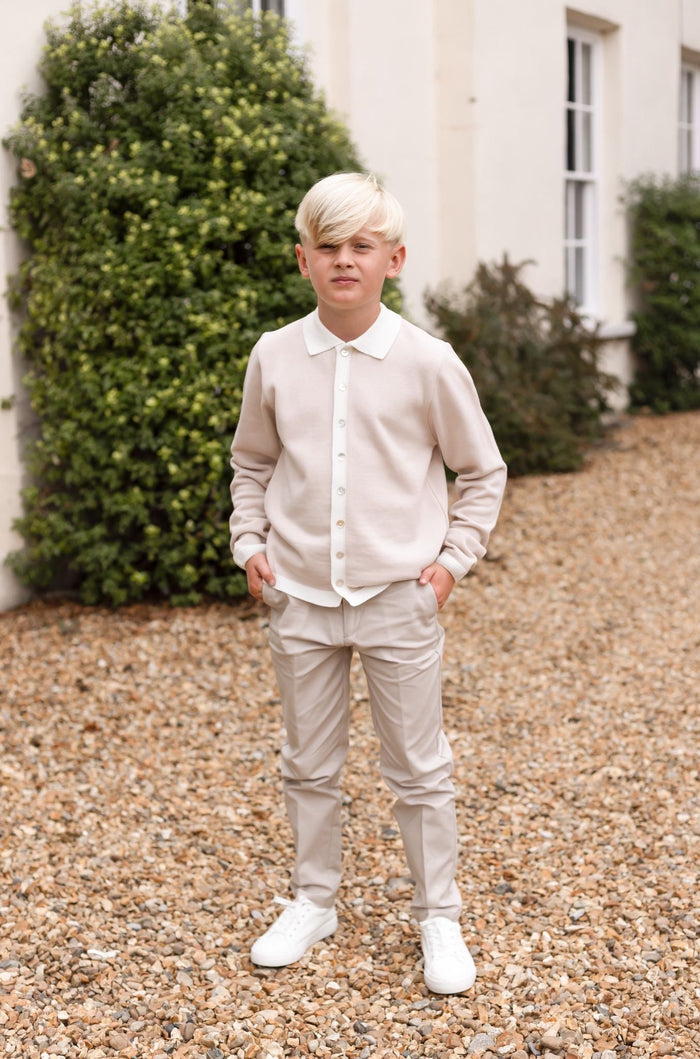 Boys Beige Knitted Button Down Top