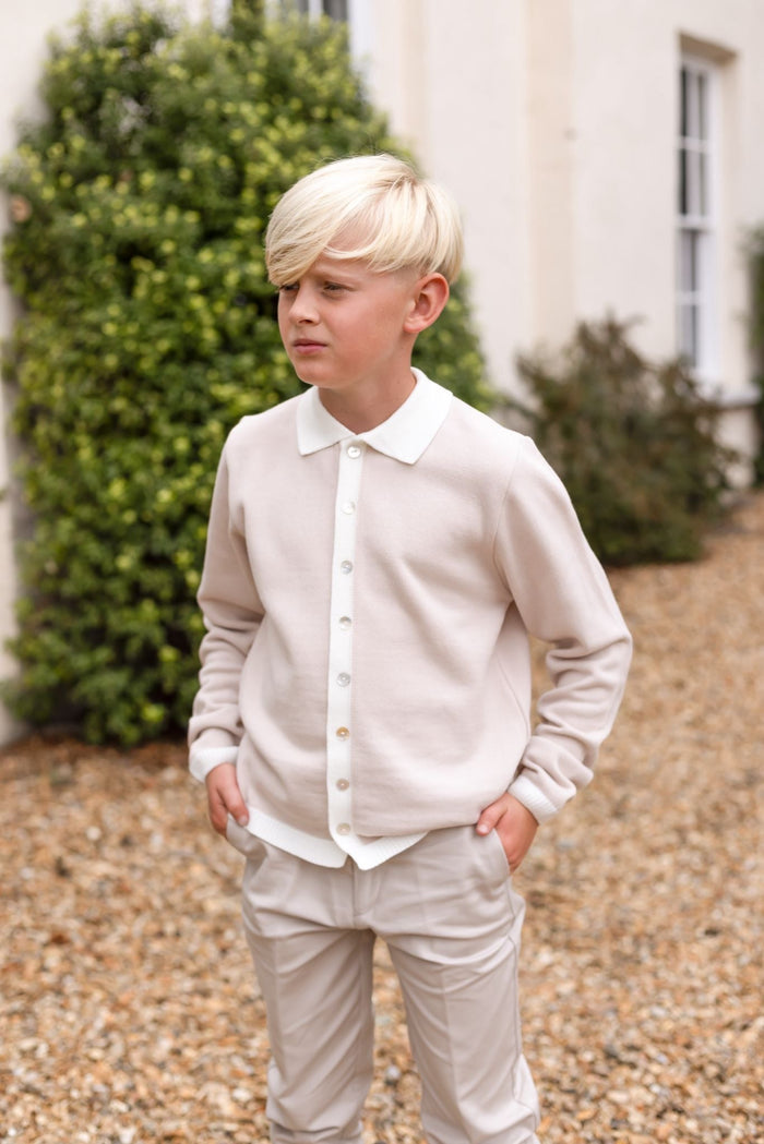 Boys Beige Knitted Button Down Top