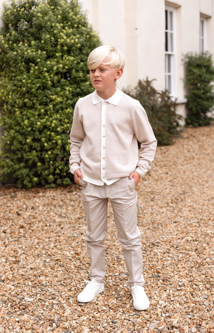 Boys Beige Knitted Button Down Top