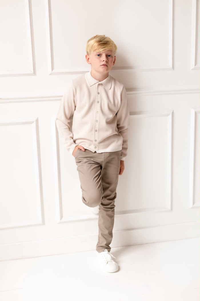 Boys Beige Knitted Stripe Collar Top