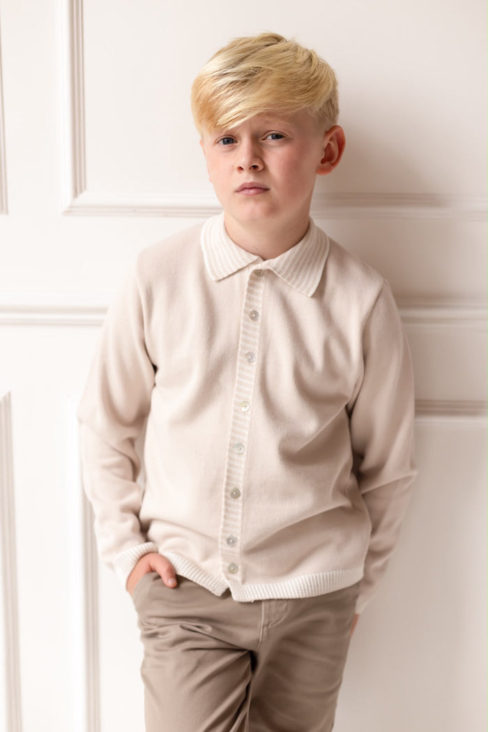 Boys Beige Knitted Stripe Collar Top