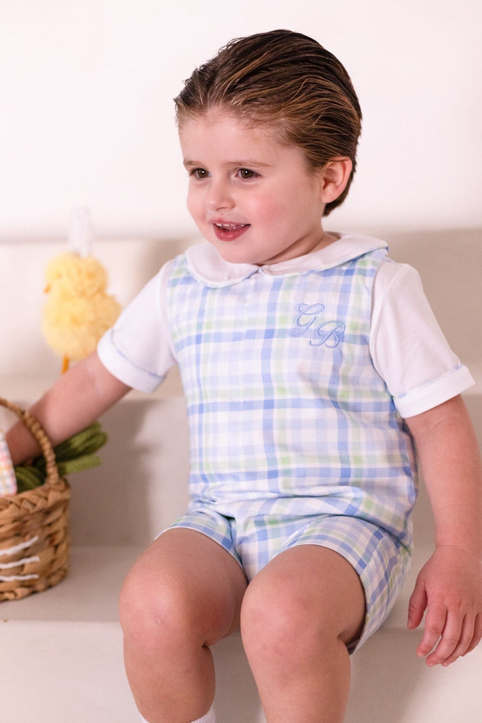 Boys Blue and Green Personalised Gingham Dungarees