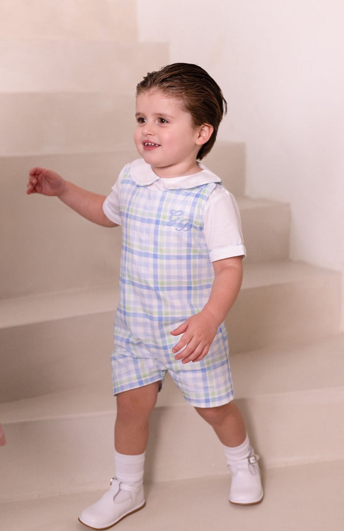 Boys Blue and Green Personalised Gingham Dungarees