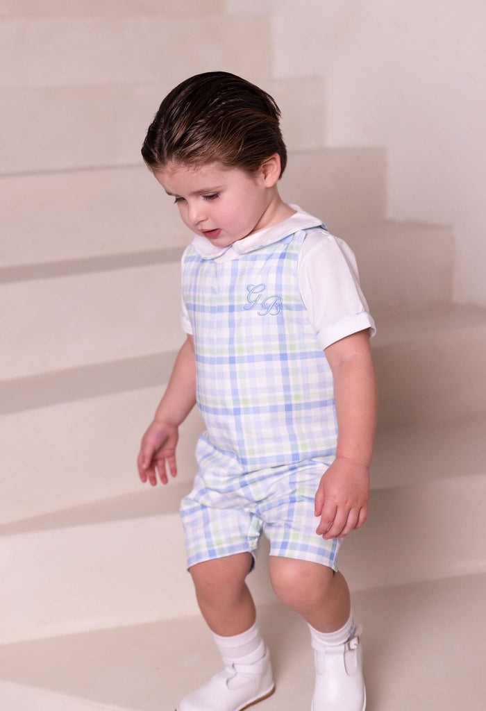 Boys Blue and Green Personalised Gingham Dungarees