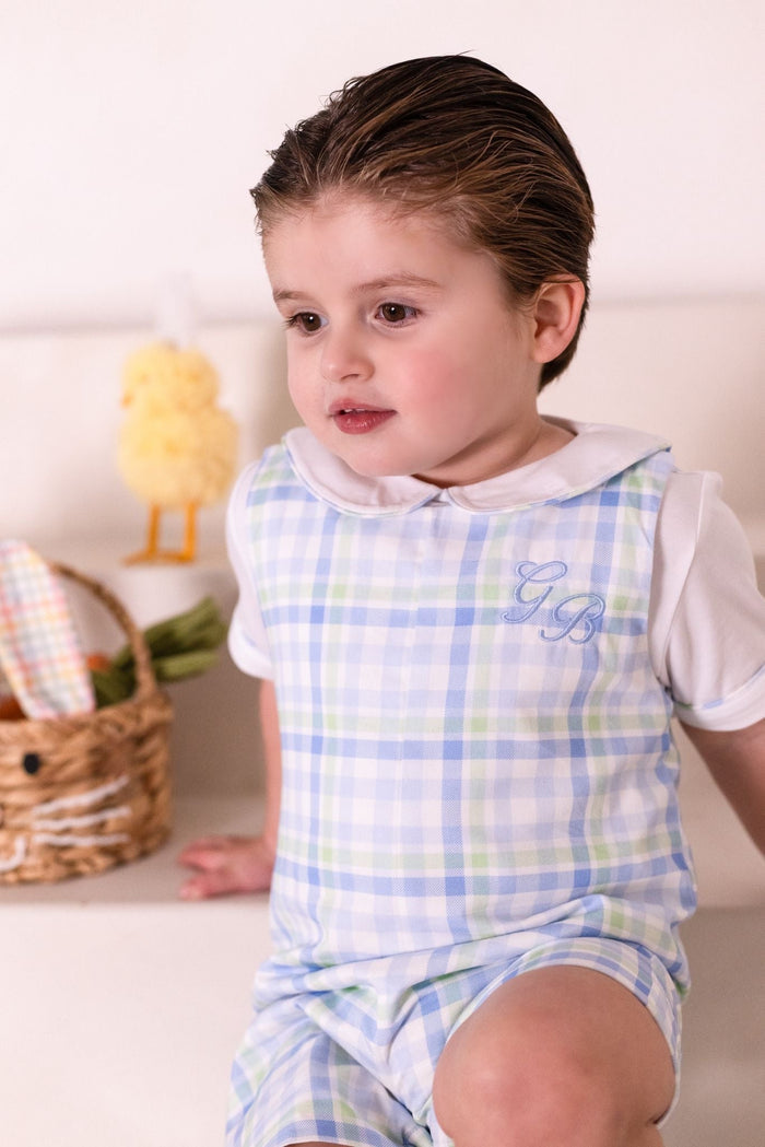 Boys Blue and Green Personalised Gingham Dungarees