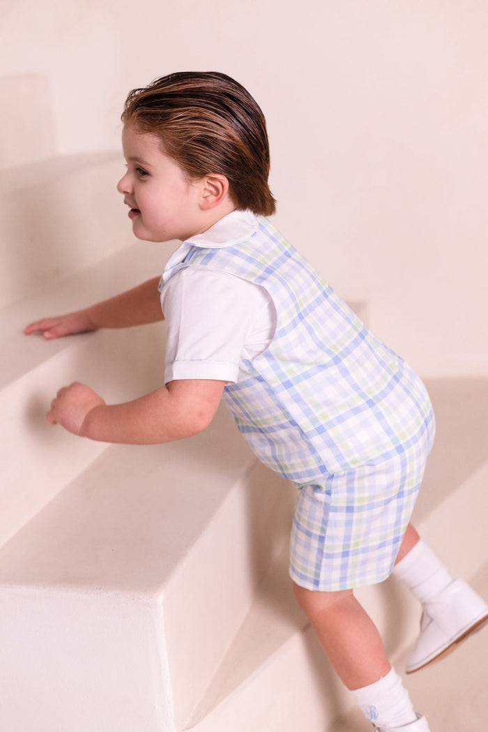 Boys Blue and Green Personalised Gingham Dungarees