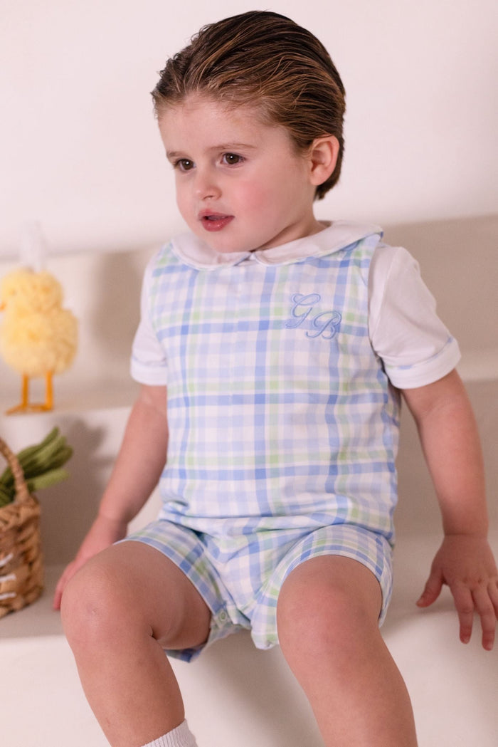 Boys Blue and Green Personalised Gingham Dungarees