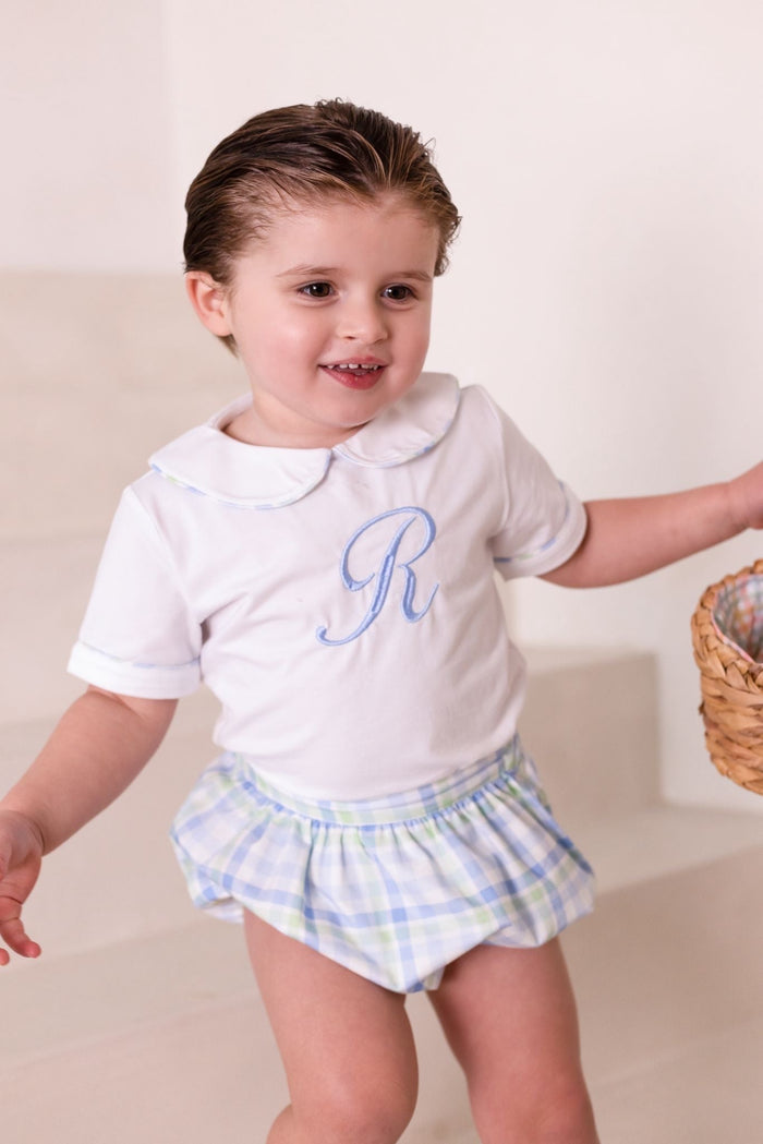 Boys Blue and Green Personalised Gingham Jam Pant Set