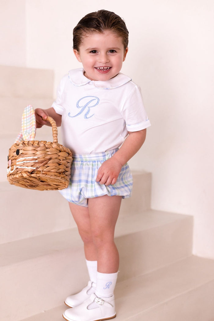 Boys Blue and Green Personalised Gingham Jam Pant Set