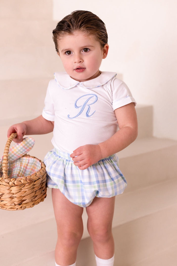 Boys Blue and Green Personalised Gingham Jam Pant Set