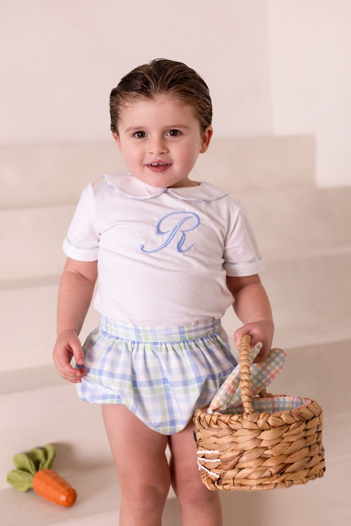 Boys Blue and Green Personalised Gingham Jam Pant Set