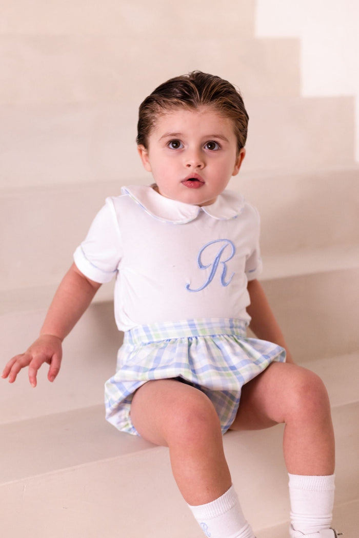 Boys Blue and Green Personalised Gingham Jam Pant Set