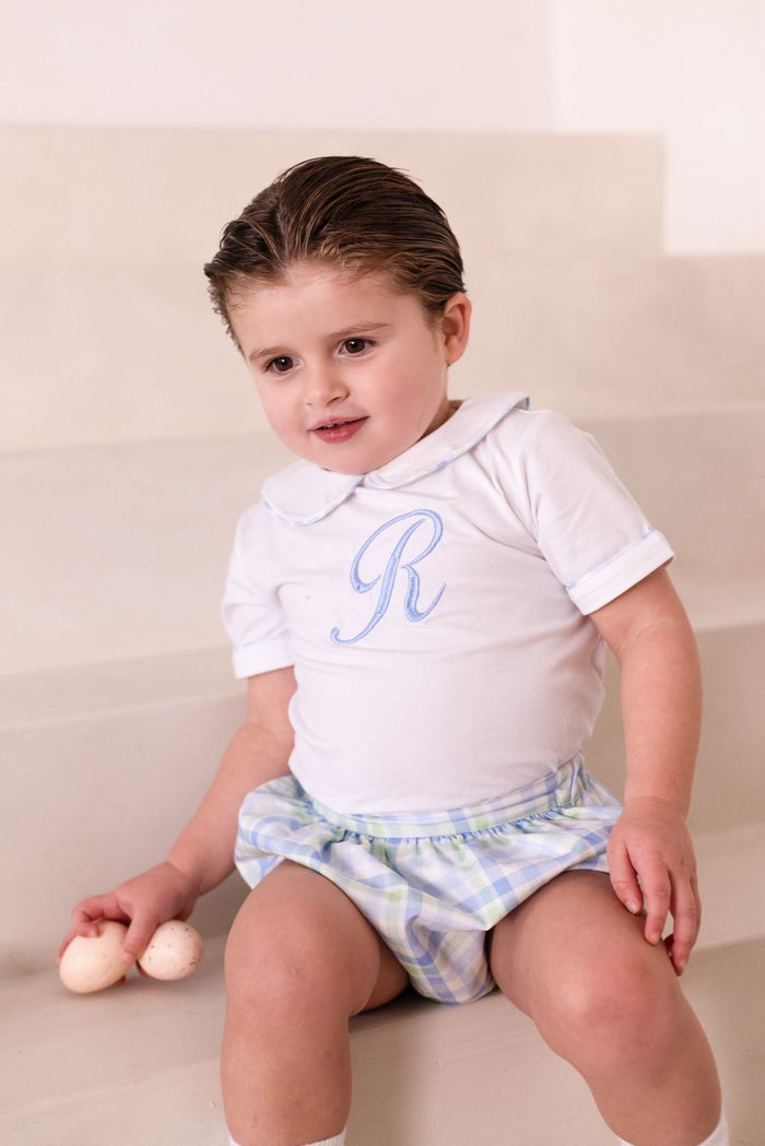 Boys Blue and Green Personalised Gingham Jam Pant Set