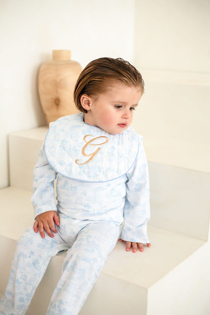 Boys Blue Personalised French Toile Bib