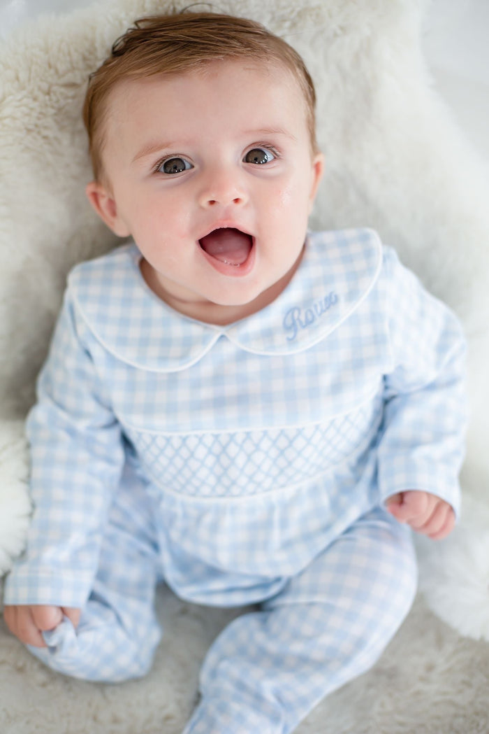 Boys Blue Personalised Gingham Dreams Smocked baby grow