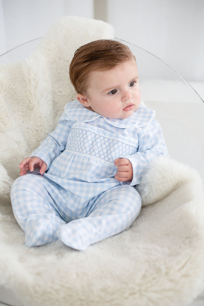 Boys Blue Personalised Gingham Dreams Smocked baby grow