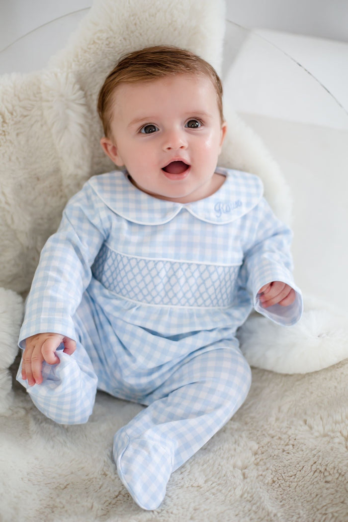 Boys Blue Personalised Gingham Dreams Smocked baby grow