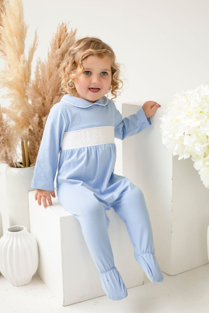Boys Blue Personalised Smocked Baby Grow