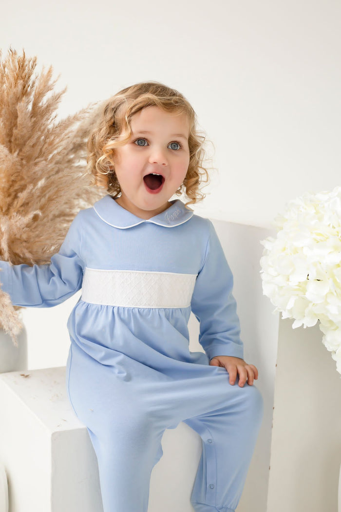 Boys Blue Personalised Smocked Baby Grow