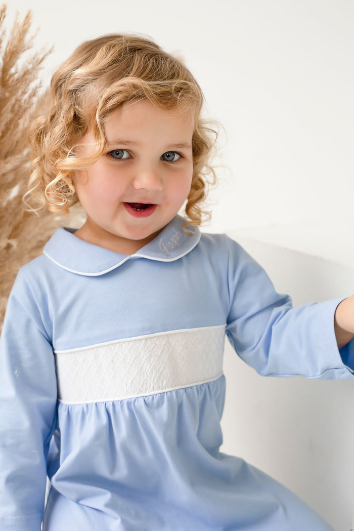Boys Blue Personalised Smocked Baby Grow