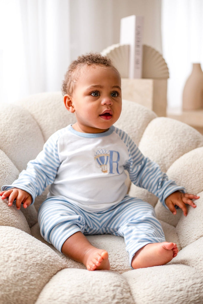 Boys Blue Personalised Stripe Hot Air Balloon Pyjamas