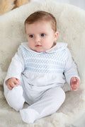 Boys Blue Personalised Swiss Dot Smocked baby grow