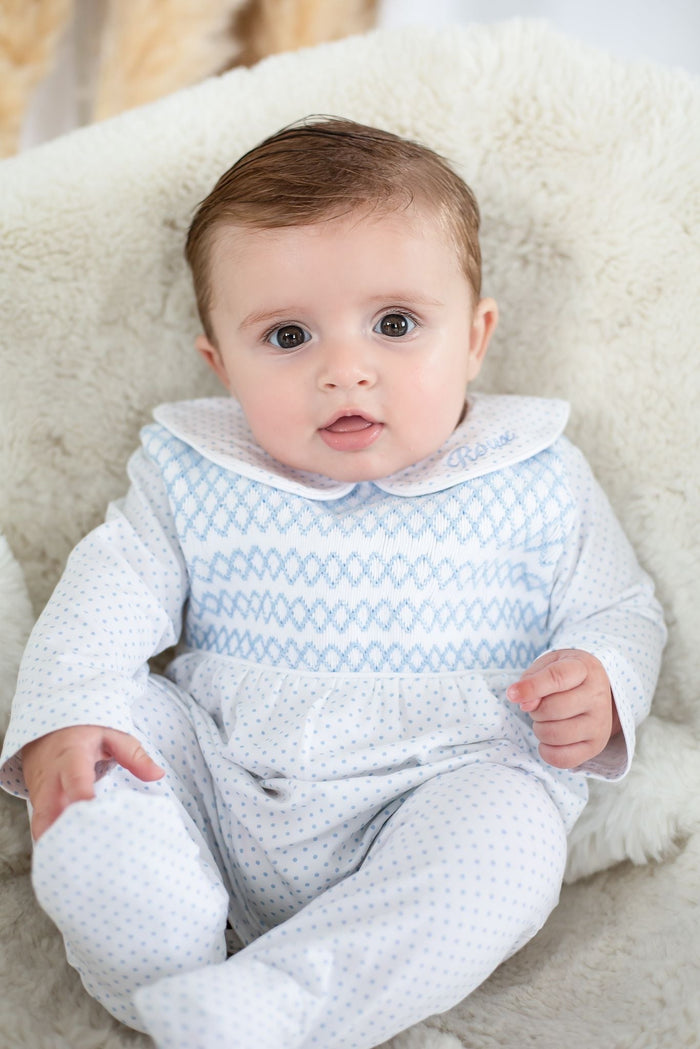 Boys Blue Personalised Swiss Dot Smocked baby grow