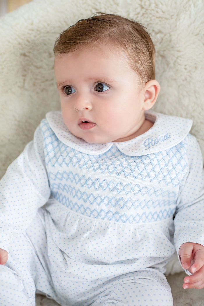 Boys Blue Personalised Swiss Dot Smocked baby grow