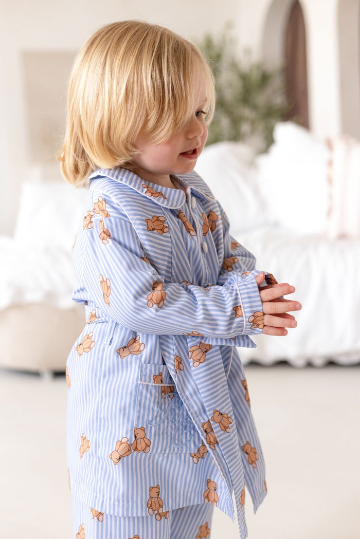 Boys Blue Stripe Personalised Teddy Bear Dressing Gown