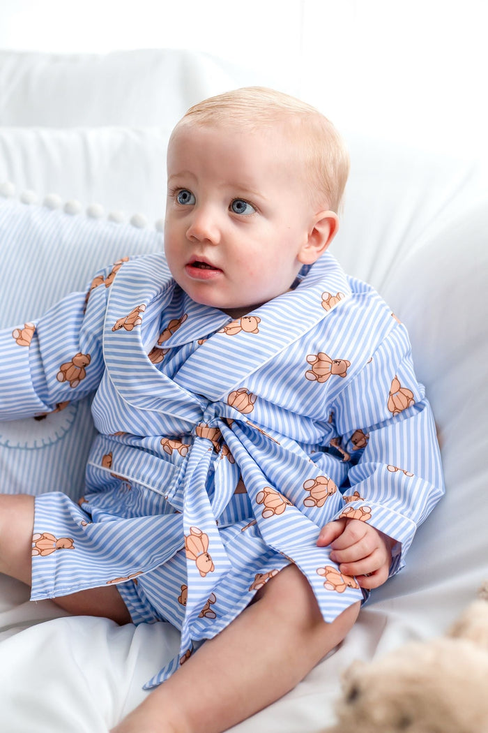 Boys Blue Stripe Personalised Teddy Bear Dressing Gown